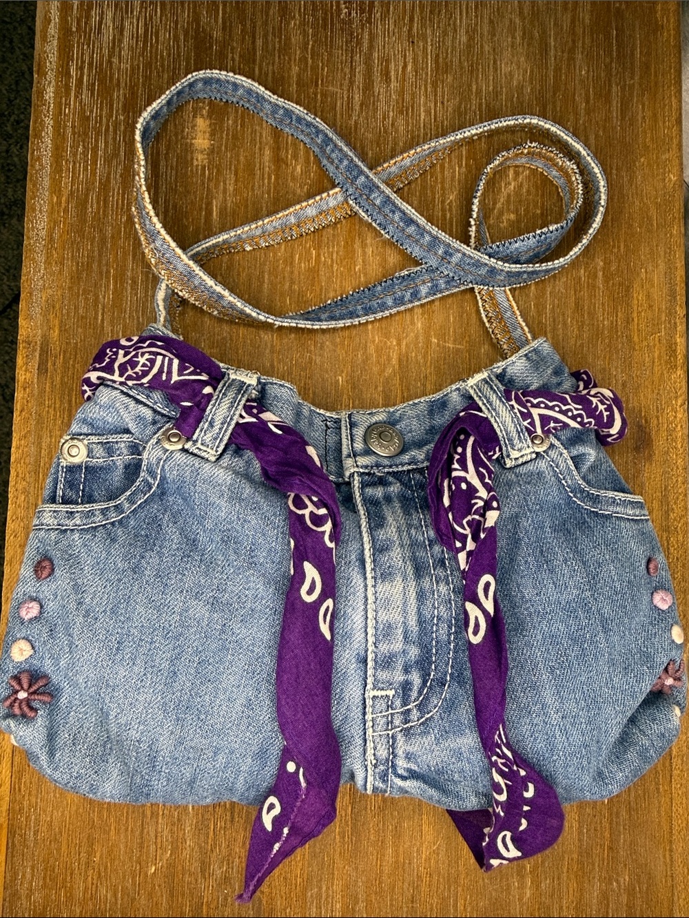 Y2K Vintage Upcycled Denim Purse Baby Gap Crossbody Light Wash Embroidered Small